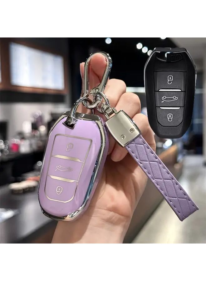 غطاء مفتاح أبيض مع سلسلة مفاتيح لسيارات بيجو 2008 3008 308 408 508 وسيارات ستروين C1 C2 C4 C6 DS3 DS5 - Image 1